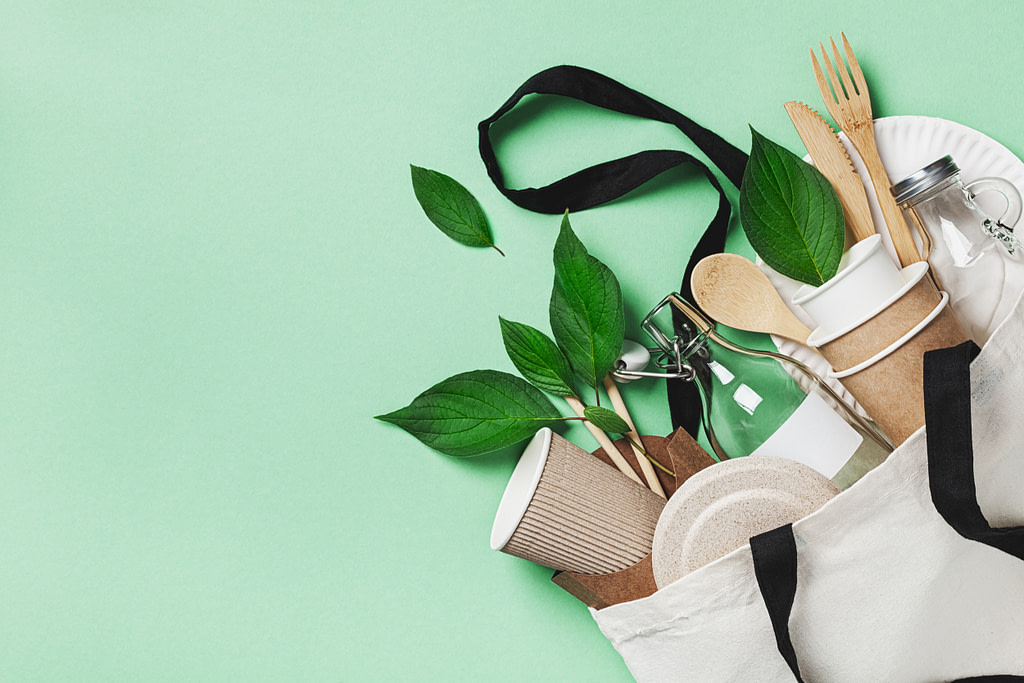 Plastic free set with cotton bag, glass jar, green leaves and recycled tableware top view. Zero waste, eco friendly concept. Flat lay.