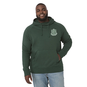 Tall male wears dark green branded hoodie