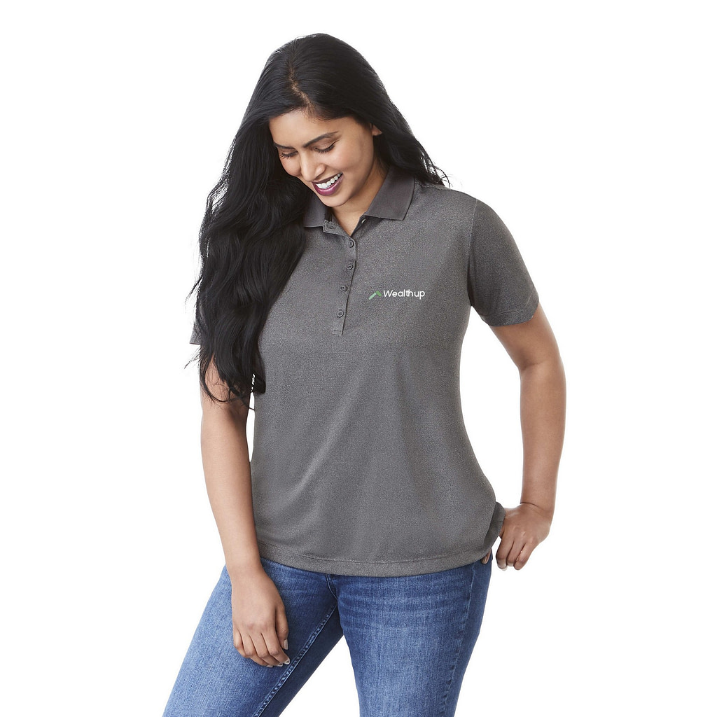 Woman wears gray polo shirt with branded company logo on it
