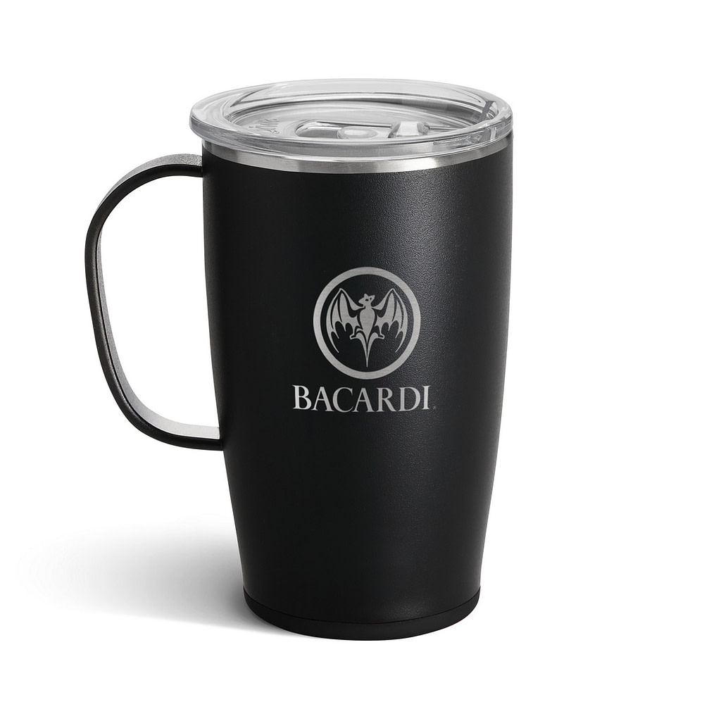 Black insulated thermal mug with lid and handle. Includes company logo.