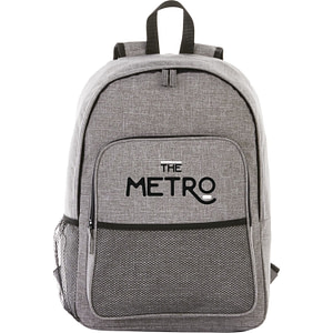 Gray branded backpack with mesh front