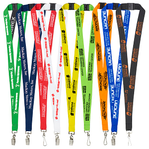 Nine branded lanyards in green, navy blue, red, white, yellow, green, orange, blue, and black.