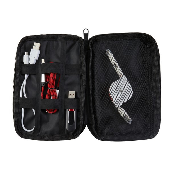 Small Tech Organizer with sewn-in elastic banks for easy storage and maneuverability of contents.