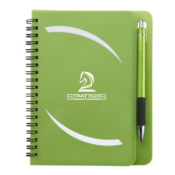 Lime green  5"x7" lined spiral notebook with the Strategies logo. Perfect Q1 promotional products that can support new goals. 