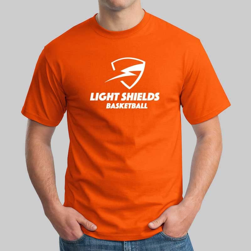 Man wearing a custom branded t-shirt with company logo.