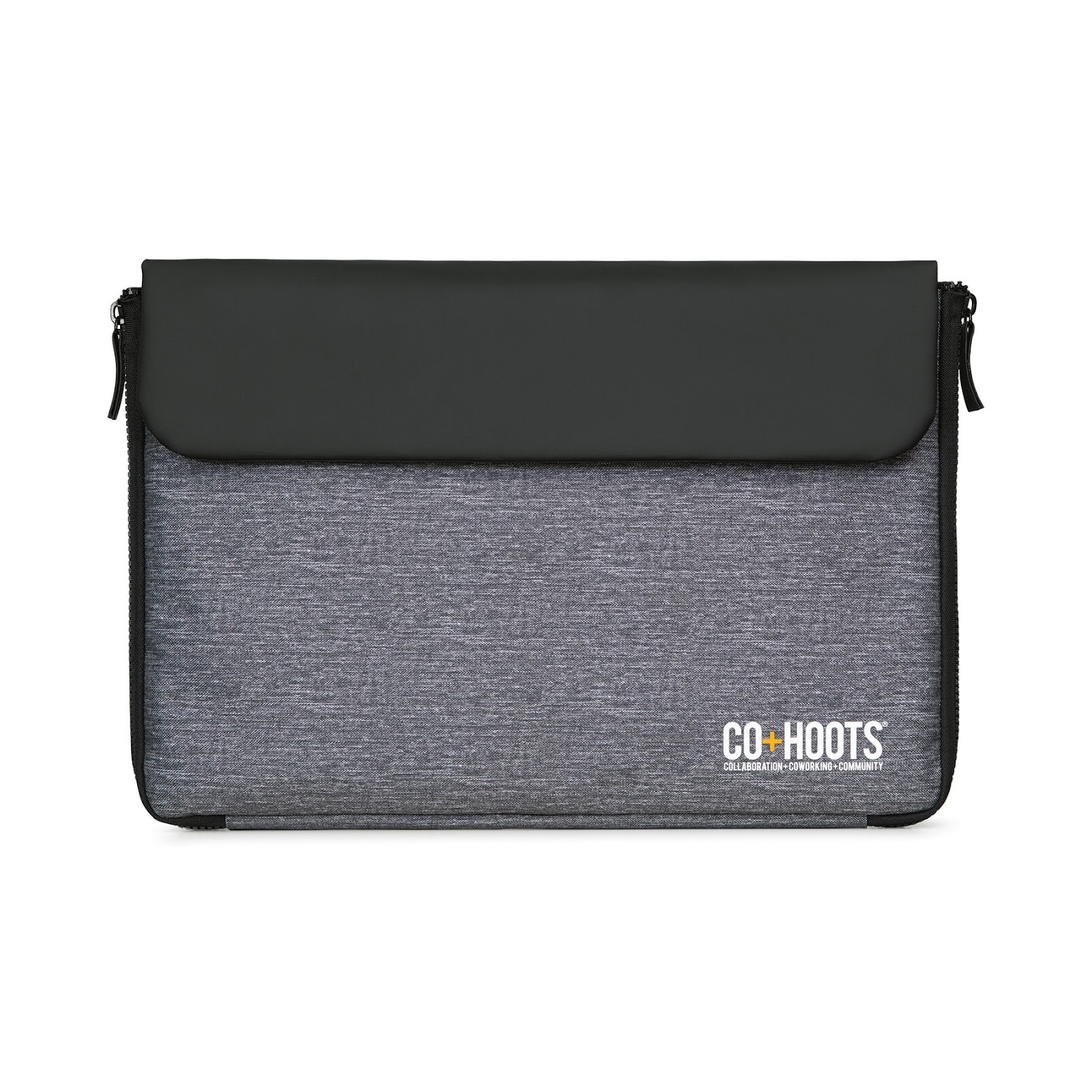 Gray and black padded laptop sleeve with company logo